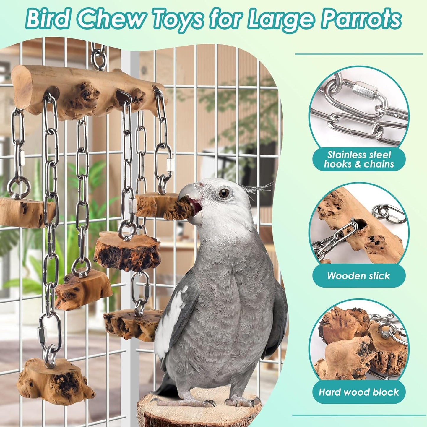 Bird Toys for Parrots, Durable Wooden Large Parrot Toy with Stainless Steel, Hanging Natural Chew Hardwood Blocks for Macaws, African Greys, Amazon Parrots, Cockatoos and Small Medium Parakeets