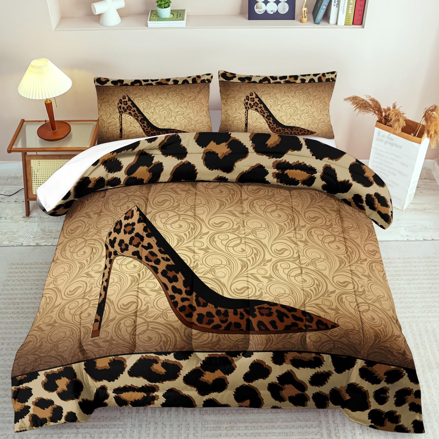 Leopard Comforter Set Twin Girls,Sexy High Heel Comforter for Women,Leopard Print Bedding Set Twin Adult,High Heel Quilt Bedroom Decor,African Animal Print Bedding Quilt