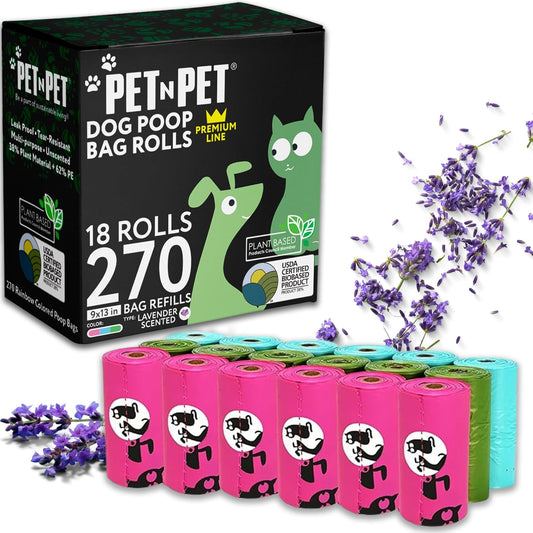Pet N Pet 270 Counts Lavender Scented, Colorful Poop Bags for Dogs, 38% Plant Based & 62% PE Dog Poop Bags Rolls, Extra Thick Dog Waste Bag, Doggy Bag