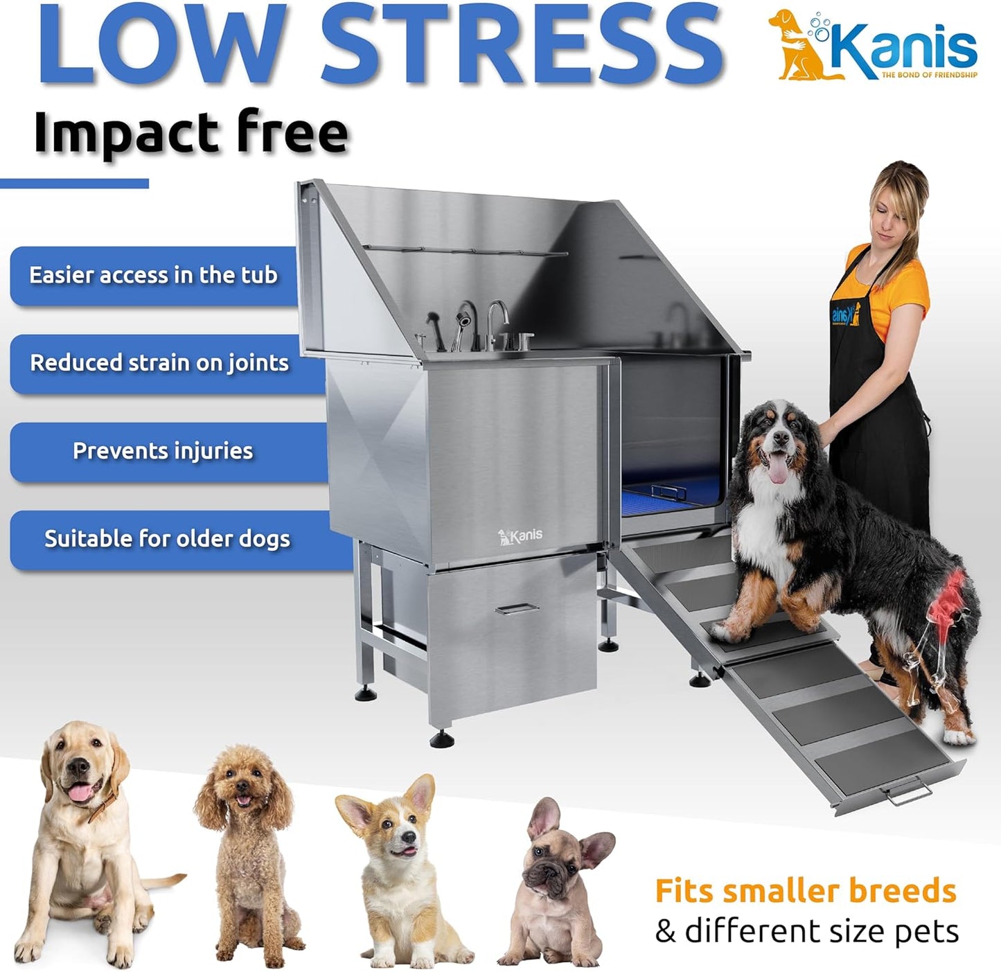 KANIS Professional Dog Washing Station - 304 Stainless Steel Pet Wash Sink & Grooming Bath Tub for Home with Ramp, Shower, Floor Grate, Storage Drawer, Faucet, Drain Kit for Large, Medium & Small Pets