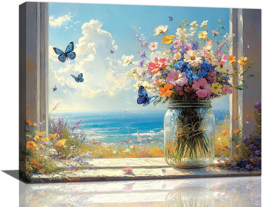 Beach Floral Bathroom Pictures Wall Art, Colorful Flower Bathroom Wall Decor, Coastal Ocean Framed Painting Canvas Artwork for Bedroom Living Room Decorations 16"L x 12"W