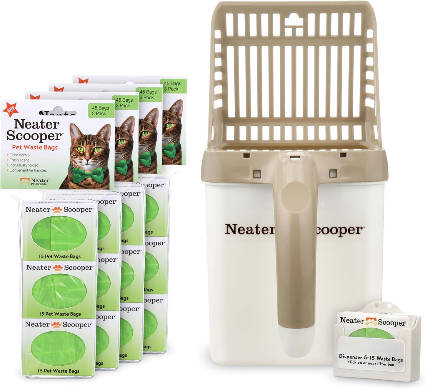 Neater Pet Brands Neater Scooper Standard Cat Litter Scoop, 195 Refill Bags – Mess-Free Cat Litter Scooper with Bag, Spill-Proof Kitty Box Sifter, Bin Doubles as Scoop Holder, For Single-Cat Household