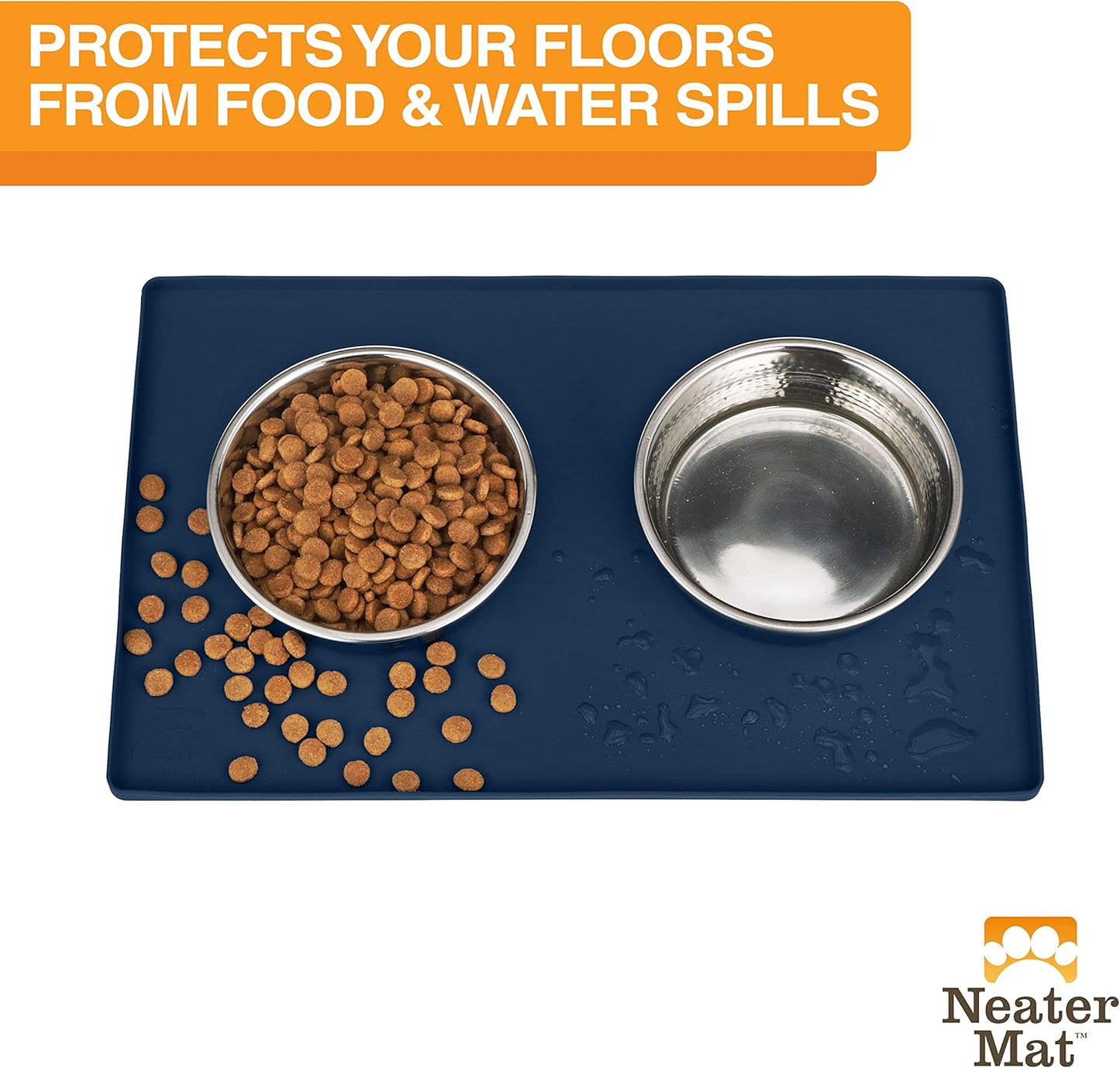 Neater Pet Brands Neater Mat Pet Mats for Food and Water, Cat & Dog Bowl Mat Waterproof Silicone, Feeding Tray, Dog Food Mats for Floors, Placemat w/Raised Edge for Under Bowls, 16” x 10”, Dark Blue