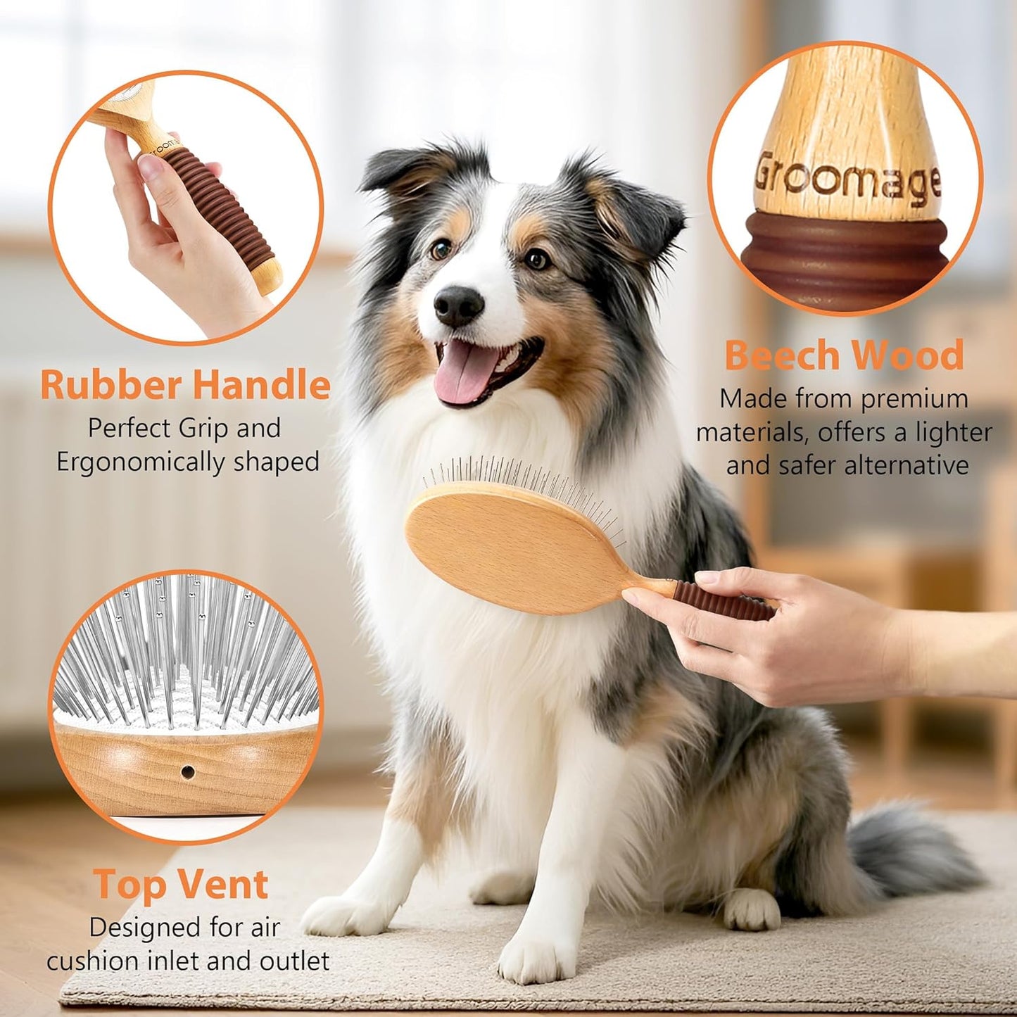 Dog Brush for Long Haired Dogs, 27mm Extra Long Metal Pin Dog Deshedding Brush and Comb Set, Short Haired Shedding Grooming Detail Pets Brush Set with Rubber Handle