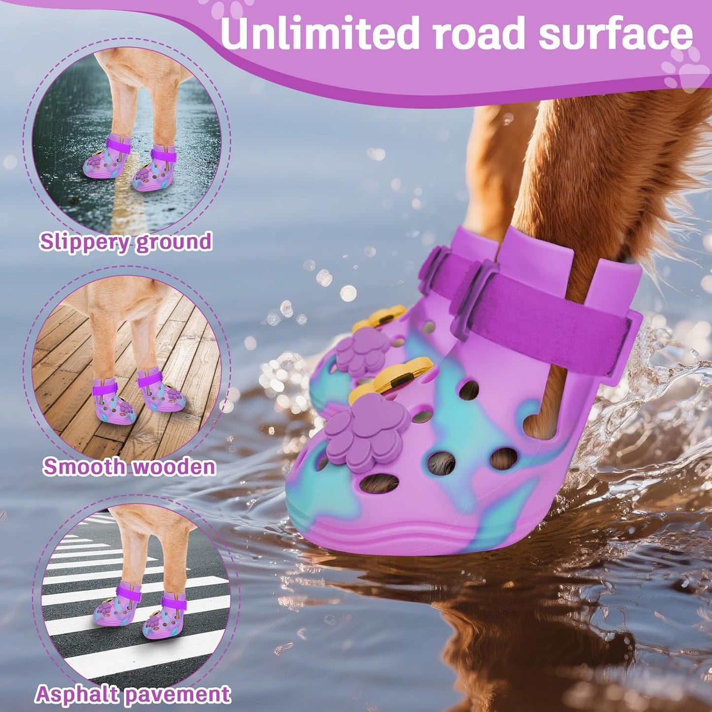 Dog Shoes for Hot Pavement, Adjustable Magic Tape Boots for Small, Medium & Large Dogs, Anti-Slip, Easy to Clean Paw Protectors for Beach, Outdoor & Hot Weather (Purple L)