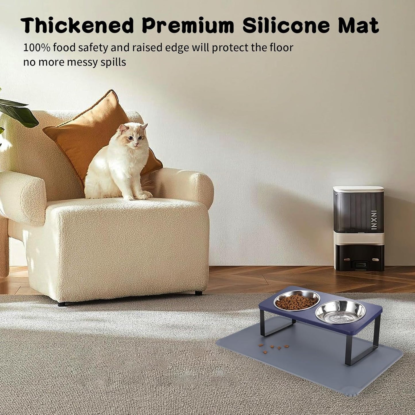 Upgraded Elevated Cat Bowls with Food Mat,15°Tilted Stand Anti Vomiting Raised Cat Dishes for Food and Water,2 Stainless Steel Bowls for Cats and Puppies（Navy Blue）