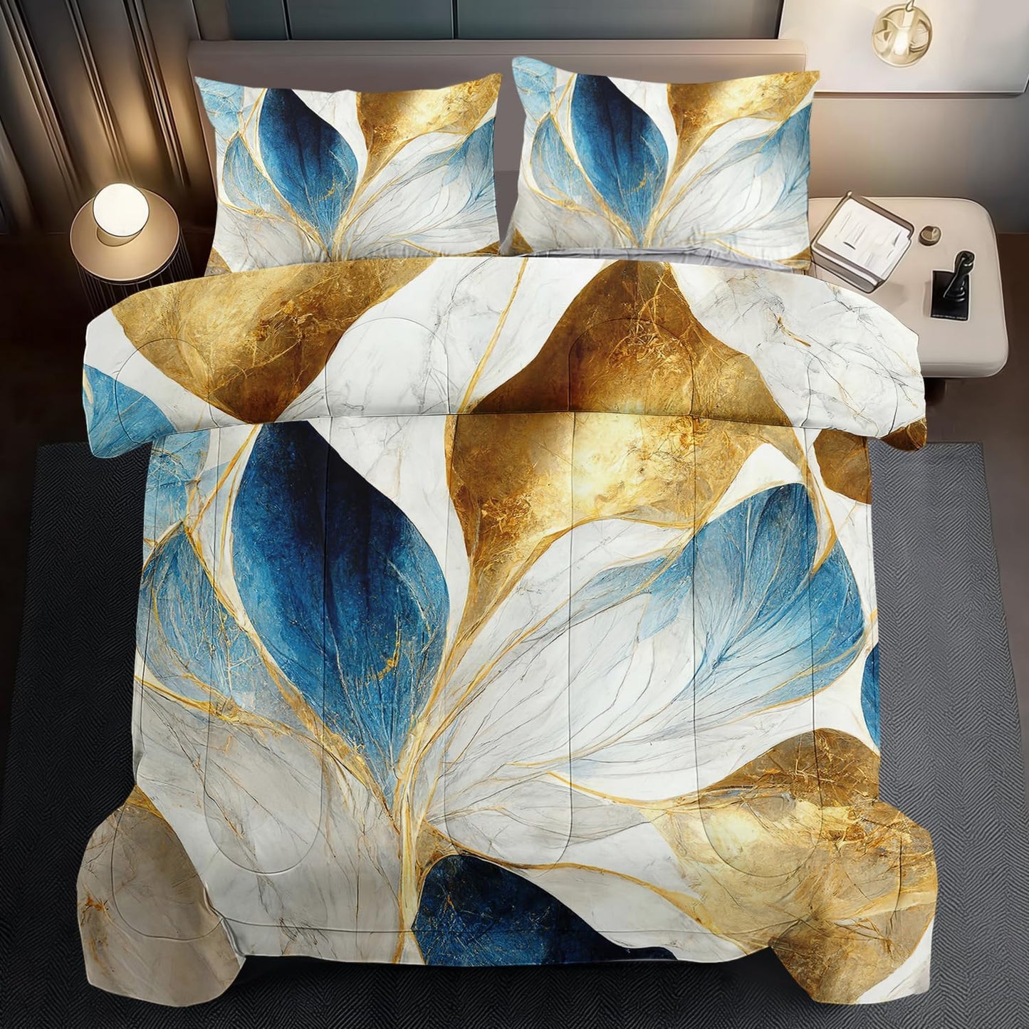 Vintage Floral Comforter Set Twin Size Women,Marble Flower Bedding Set Twin,Marble Blue Flower Bed Comforter,Blue and Gold Floral Quilt Bedroom Decor for Kids and Adults