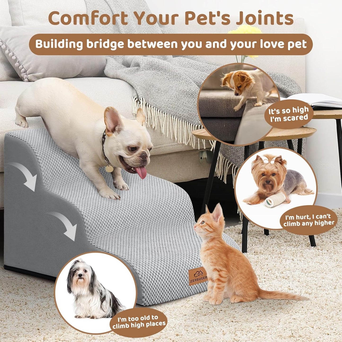 Dog Ramp and Stair for Bed 16" H-20 H,3-Step Cat Stair for Sofa and Chair,4-Step Dog Ramp for High Bed and Window,Durable Nonslip Fabric Cover for Indoor (Light Grey-16 H, Pet Friendly, 3)