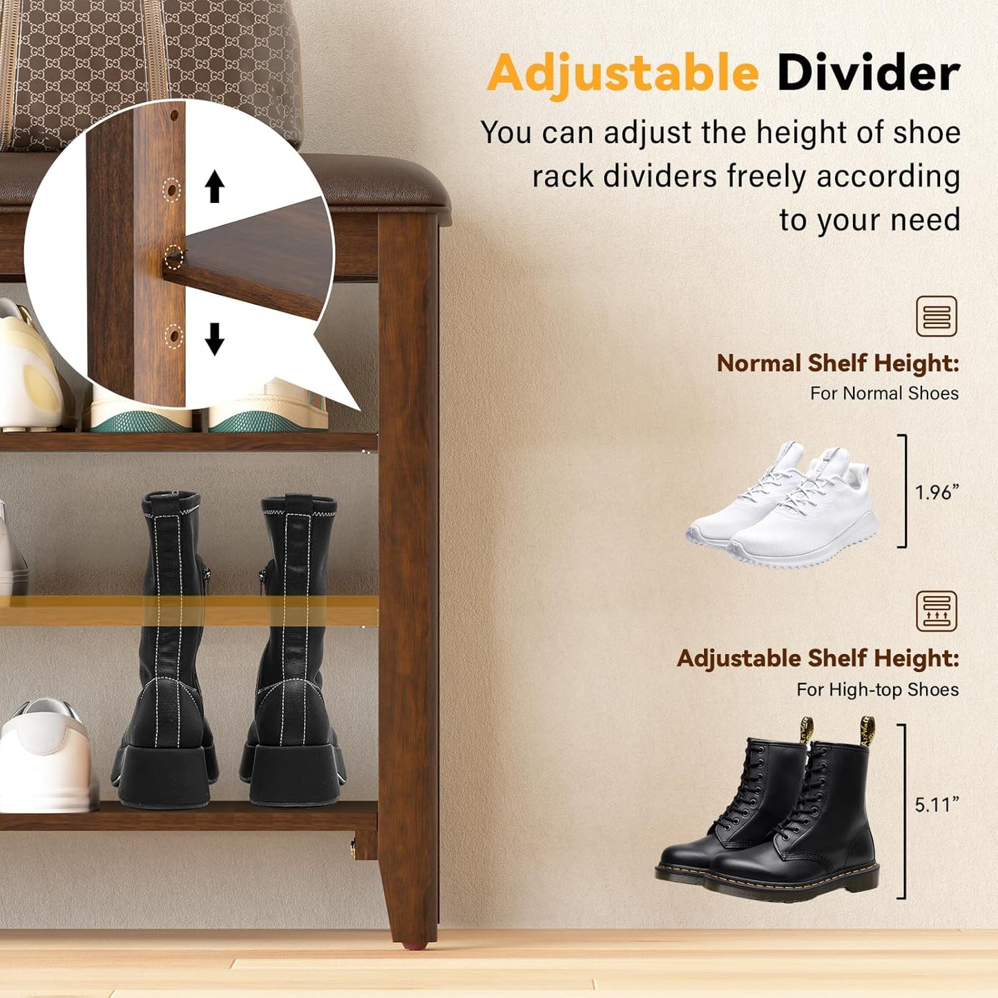 Entryway Shoe Storage Bench with Leather Cushion, Shoe Organizer Bench for Entryway, Ideal for Hallways Front Doors Entrances Mudrooms Featuring Rubberwood And 3 Height-Adjustable and Removable Shelve