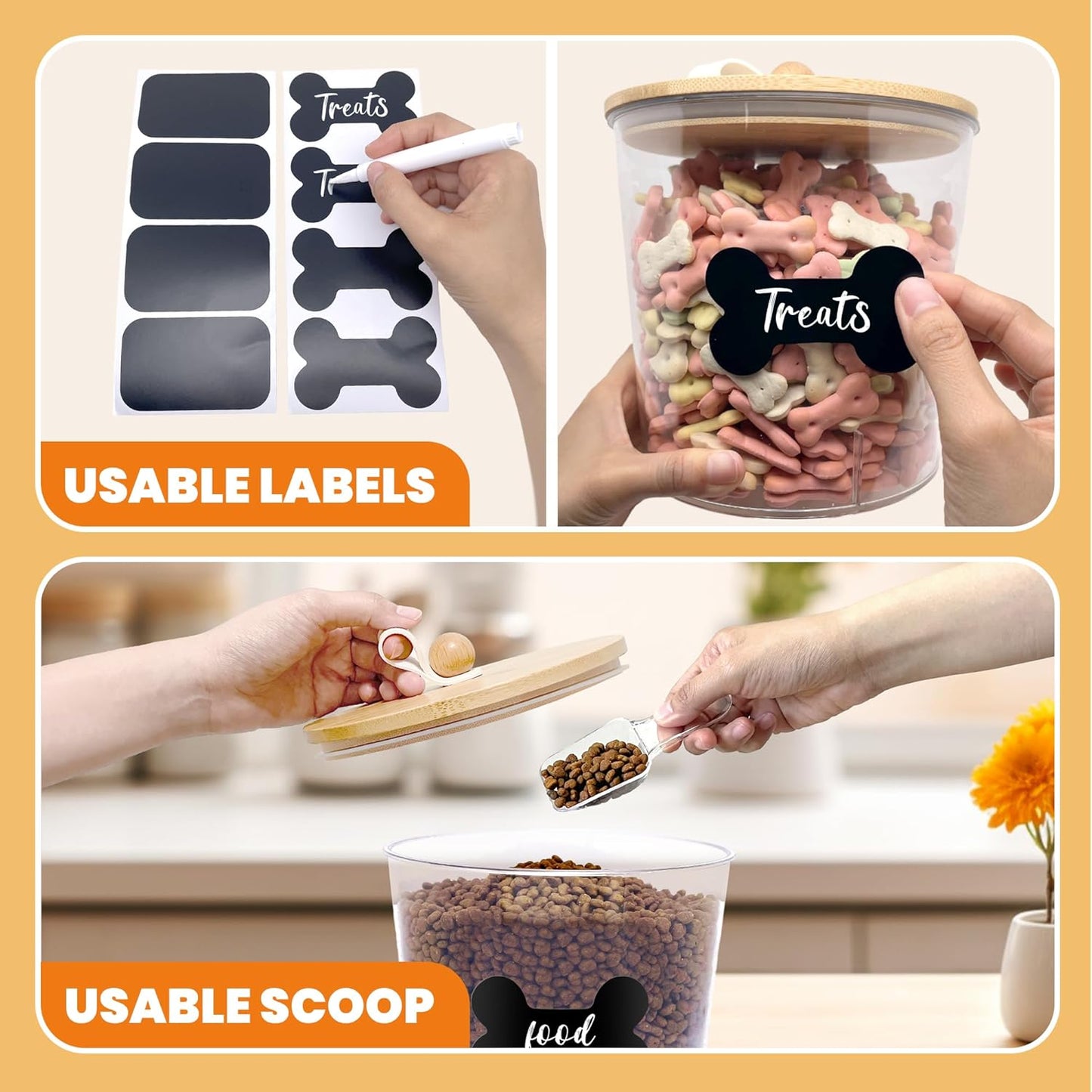 2 Pack Airtight Dog Food Storage Container, Dog Treat Container Dog Food Container with bamboo Lids 6x5'',Pet Food Storage Container,Cat Food Container with Scoops,Clamp,Labels,Pen