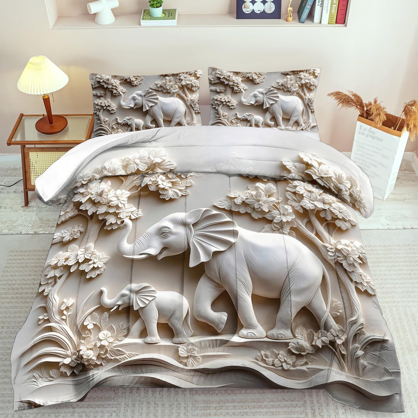 Elephant Comforter Set King Adult, White Animal Bedding Set King for Man, Cute Animal Comforter for Kids,Elephant Quilt Pattern White Bedroom Decor Womens, Relief Bedding