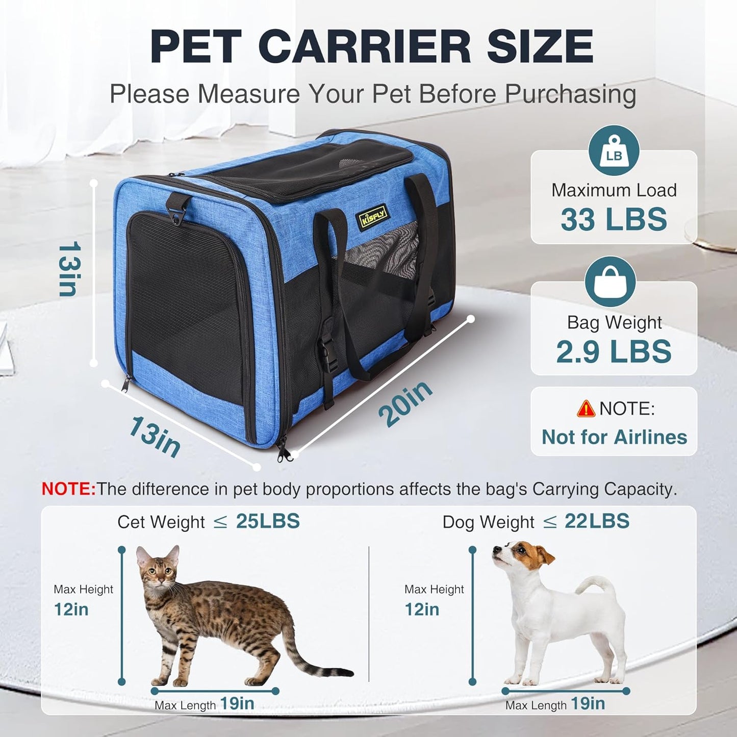 Dog Carriers for Small Dogs, Large Cat & Bunny, Foldable Soft-Sided Pet Travel Bag, up to 25lbs (20"x13"x13"), Breathable and Anti-Scratch Mesh, Perfect for Road Trips, Portable, Blue