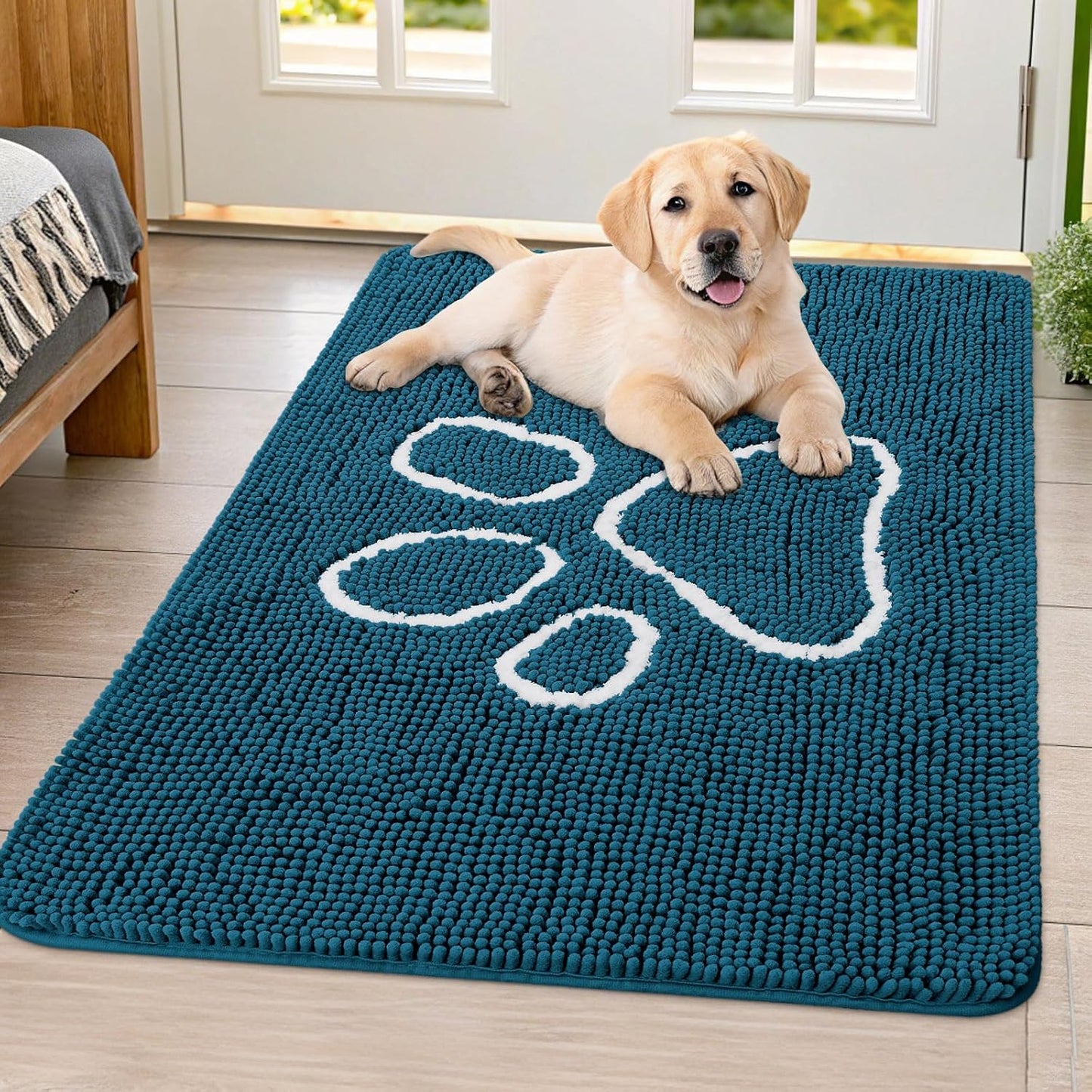 Smiry Dog Door Mat for Muddy Paws, Absorbent Dirt Trapper Non Slip Quick Dry Washable Chenille Mat for Mud Dogs, Entry Rug for Indoor and Outdoor (40x32 Inches, Atlantic Blue)