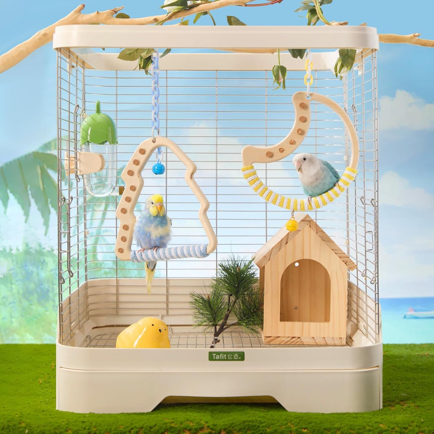 Natural Bird Swing - Moon-Shaped Parrot Perch with Bell and Cork Toys, Spinning Wooden Stand for Parakeets, Budgies, Lovebirds and Small/Medium Birds (White + Green)