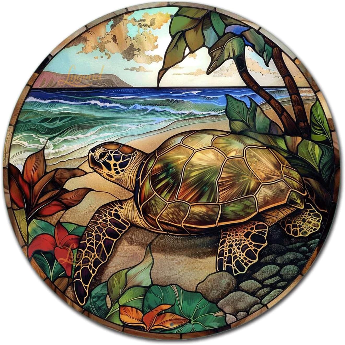 Lygond Metal Sign Tin Sign Circular Stained Glass Turtle Decor Outdoor for Yard 8×8 Inches