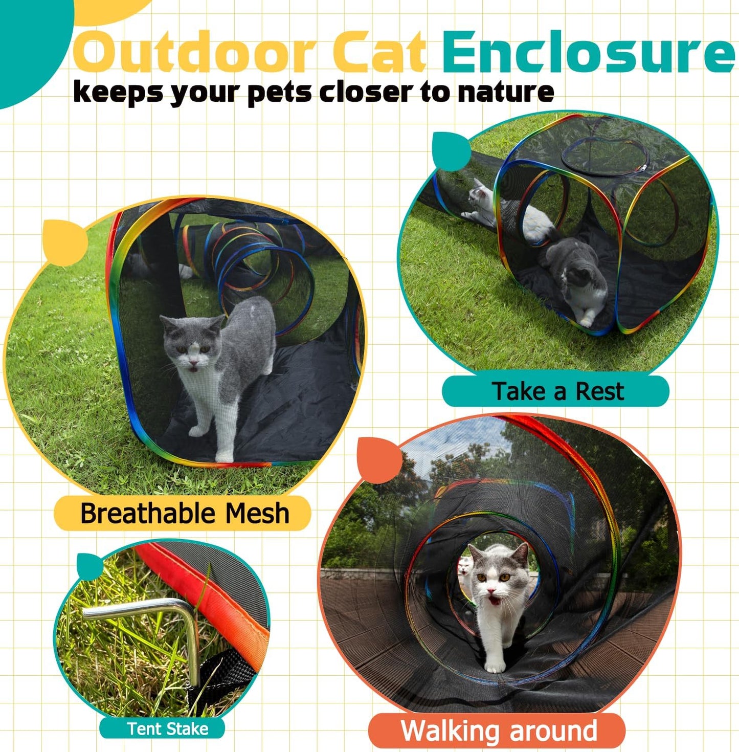LUCKITTY Outdoor Rainbow Cat Enclosures Playground,Outside House for Indoor Cats Include Portable Tent, 3 Way with 2 Cube Tunnel, for Kitty and Small Animals,Within Storage Bag