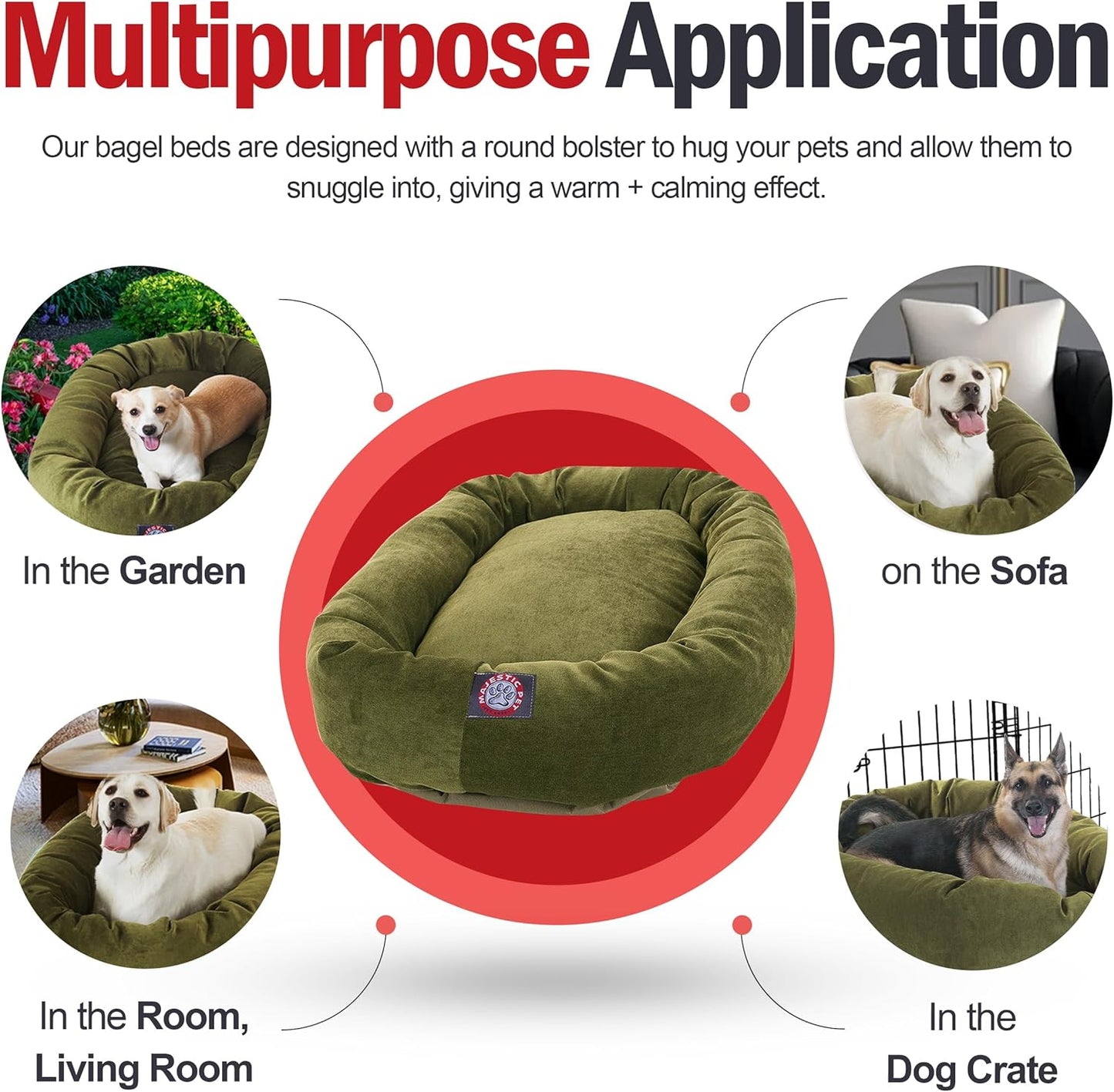 Majestic Pet 32 Inch Micro Velvet Calming Dog Bed Washable 32x23x7 (inch) – Cozy Soft Round Donut Dog Bed with Spine for Head Support - Pet Bed Medium – Fern