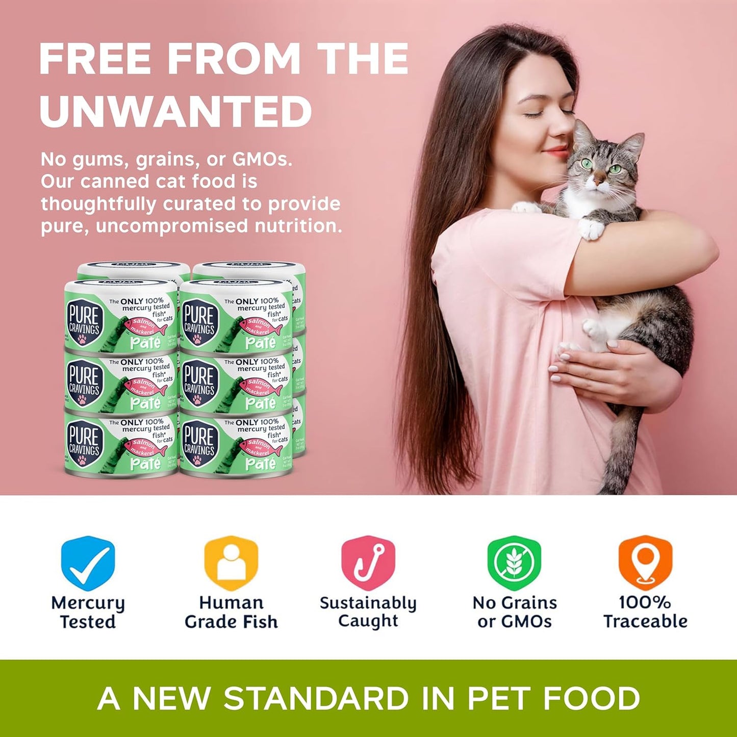 Salmon and Mackerel Pate, Canned Wet Cat Food, 100% Mercury-Tested, Moist Can Fish, Grain-Free Protein, Non-GMO, 12 Pack