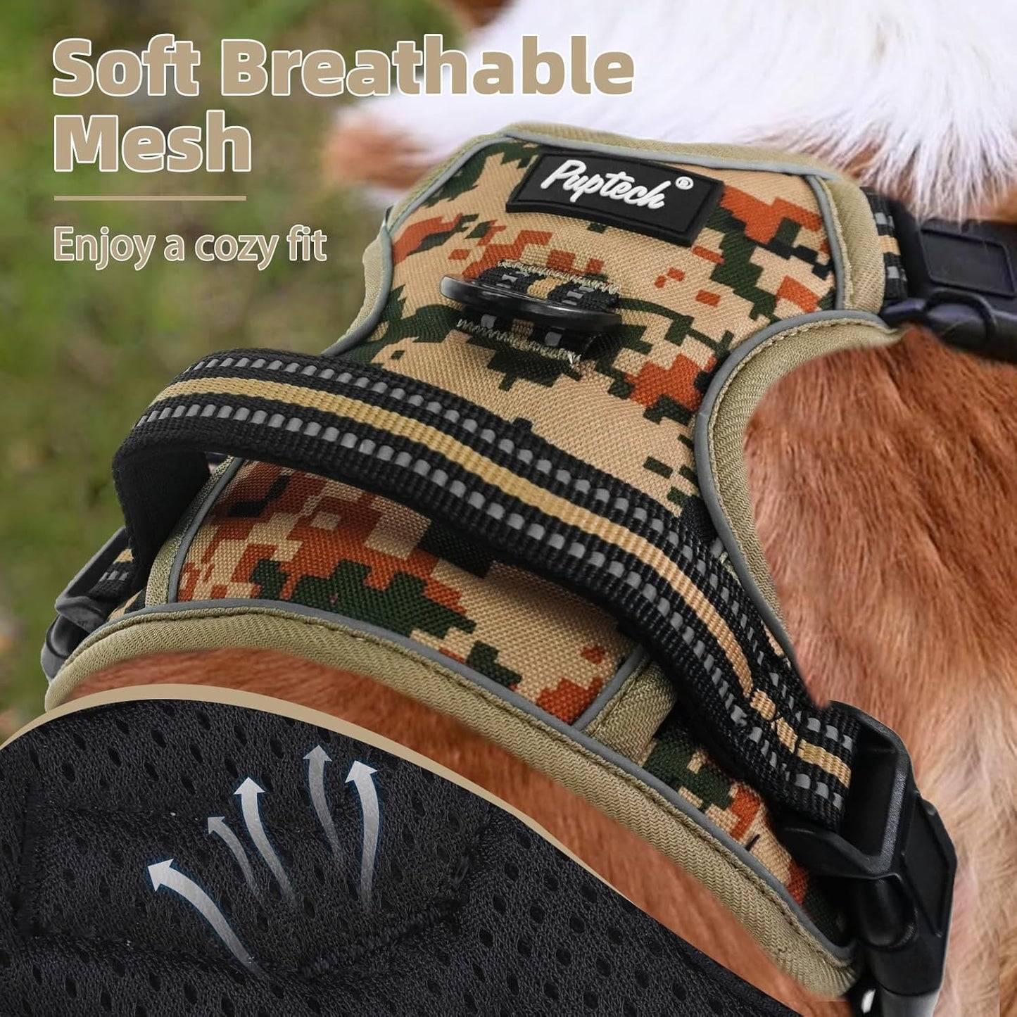 PUPTECK No Pull Dog Harness for Large, Adjustable Reflective Dog Harness with Handle Easy Control, Comfortable Soft Padded Pet Vest Harness for Extra Large Dogs, Camouflage XL