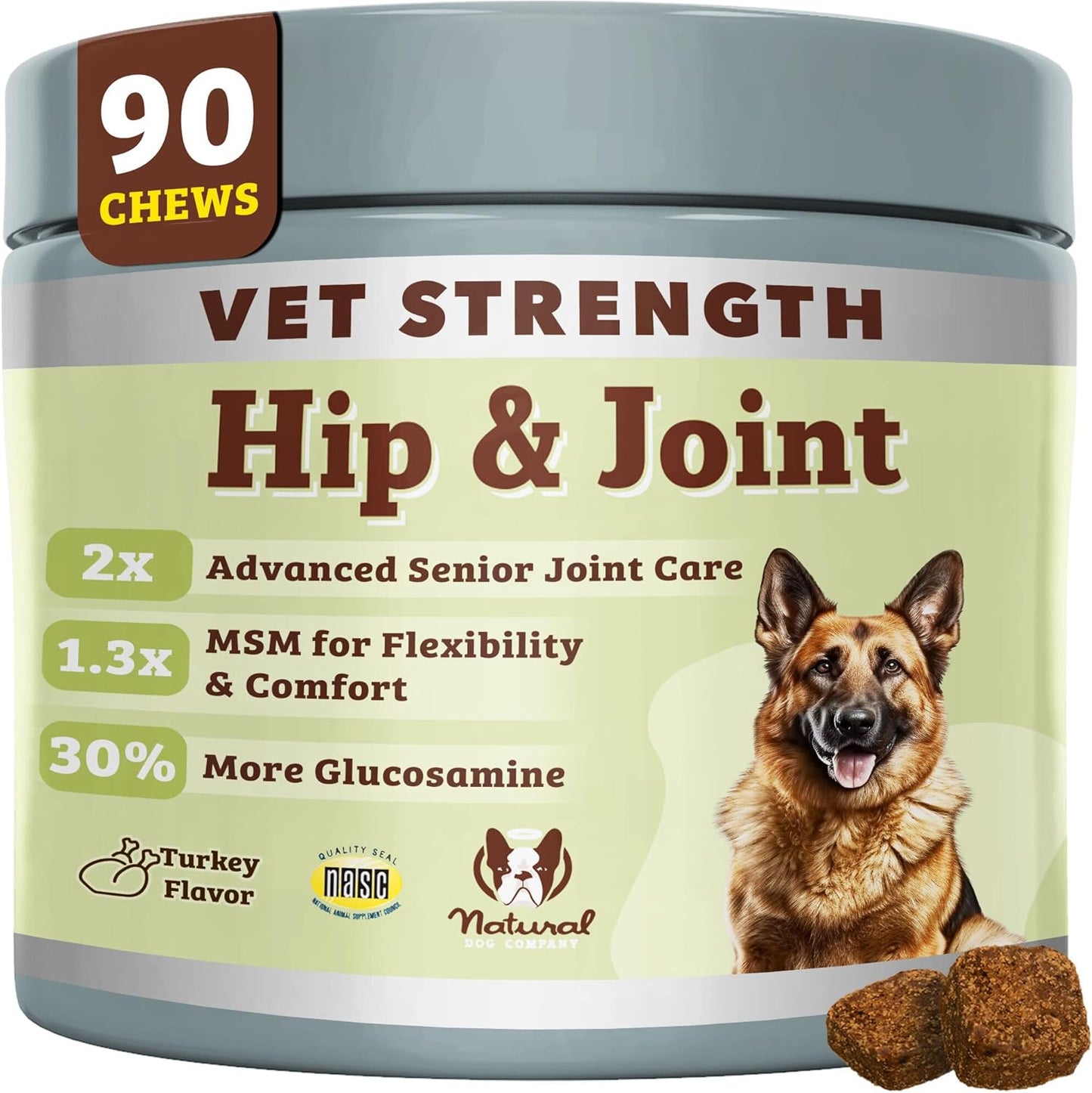 Natural Dog Company Vet Strength Hip & Joint Chews for Senior Dogs (90ct) Joint & Flexibility Support, Arthritis Relief for Senior Dogs, 1.3X Glucosamine, 2X Green Lipped Mussel & MSM for Dog Mobility