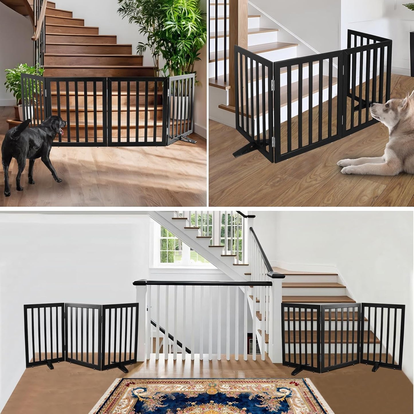 ZJSF Freestanding Indoor Dog Gate for House Foldable Wood Puppy Gate for Doorways Pet Gate for Stairs Extra Wide Pet Fence, Black, 24" Height 6 Panels