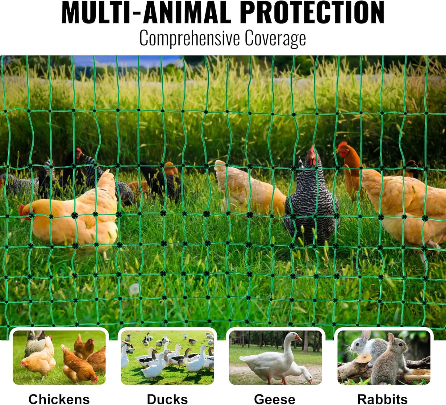 VEVOR Electric Poultry Netting, 48" H x 168' L, PE Net Fencing Kit with Posts & Double-Spiked Stakes, Utility Portable Mesh for Chickens, Ducks, Geese, Rabbits, Used in Backyards, Farms, and Ranches