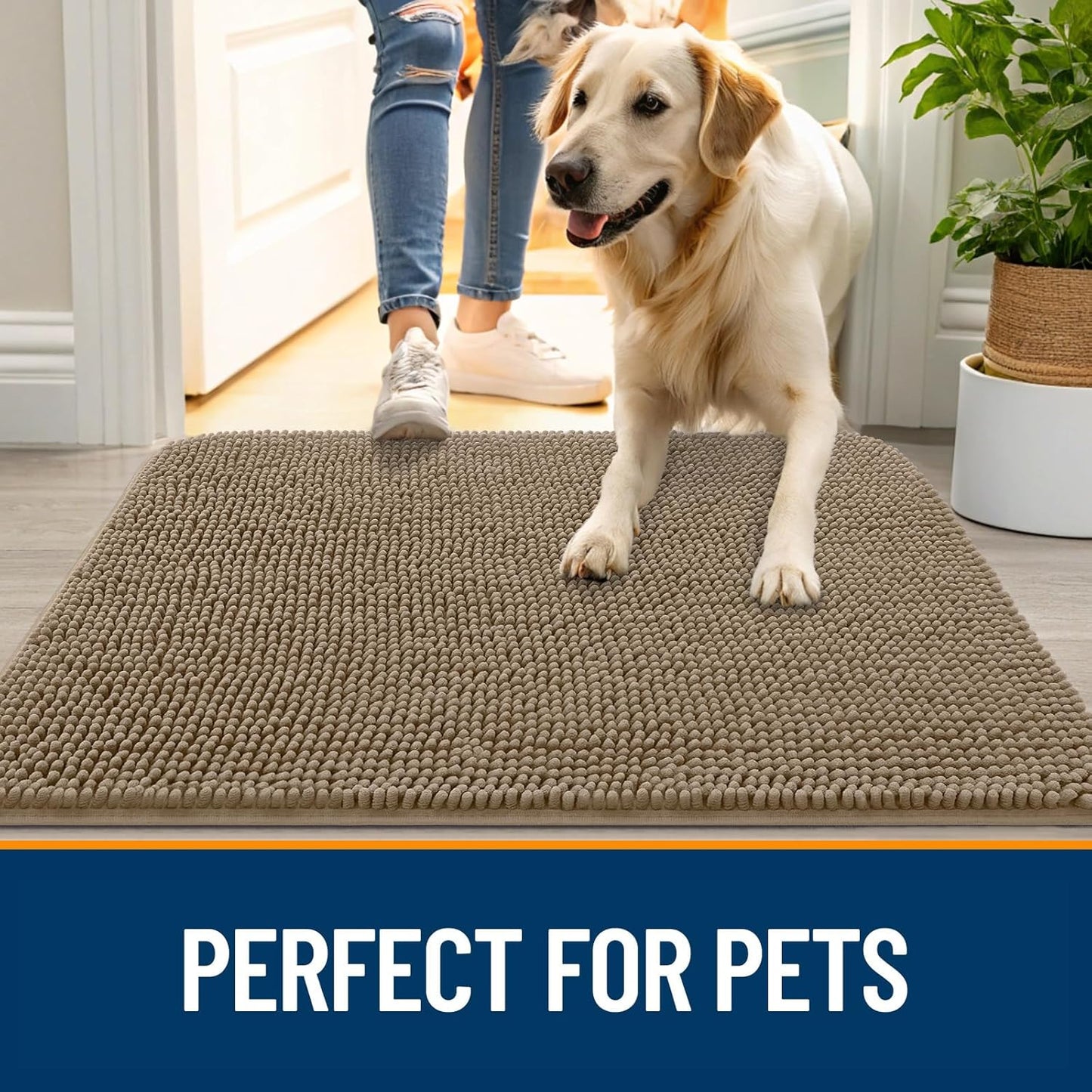 OLANLY Dog Door Mat for Muddy Paws 36x24, Absorbs Moisture and Dirt, Absorbent Non-Slip Washable Doormat, Quick Dry Chenille Mud Mat for Dogs, Entry Indoor Entryway Carpet for Inside Floor, Tan
