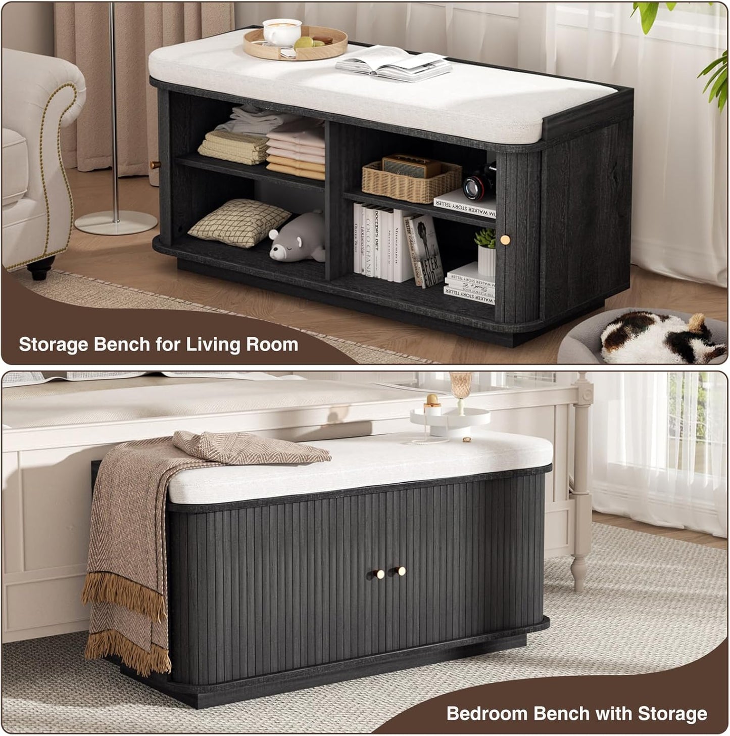 Dark Grey 39.4" W 2-Tier Shoe Bench with Storage | Entryway Bench with Padded Cushion, Sliding Doors & 5 Hooks