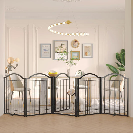 BHG Metal No-Assembly Freestanding Dog Gate with Door Walk Through, Extra Wide 120", Extra Tall 32" Pet Gate, Accordion Puppy Folding Playpen Dog Fence, with 2PCS Support (Black, 5 Panels)