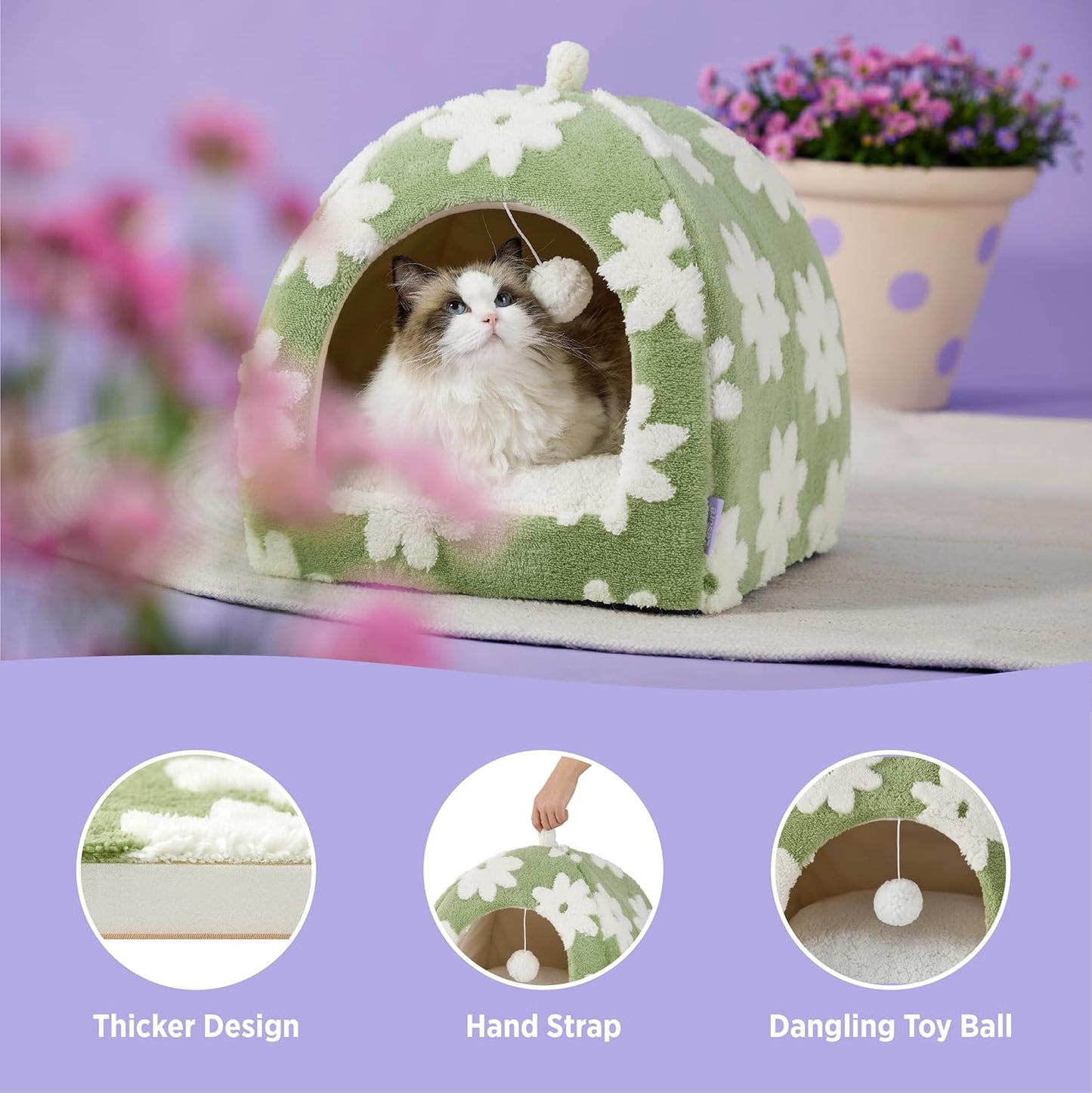 Lesure Cute Cat Beds for Indoor Cats - 2 in 1 Large Cat Cave Bed with Removable Washable Cushioned Pillow, Cozy Kitten Tent with Non-Slip Bottom, Green, 17.3 inches