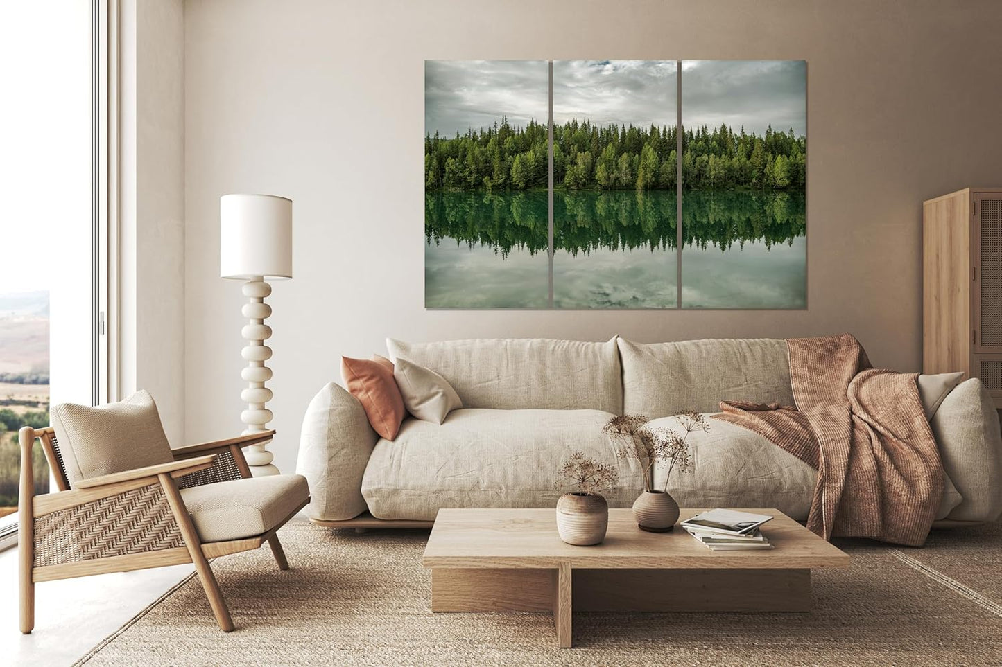Nature Wall Art Prints - Ocean Forest Mountain Lake Canvas Landscapes - Small to Extra Large Living Room Bedroom Kitchen Bathroom Décor (Forest Reflection, 47L" x 71W" - 3 panels)