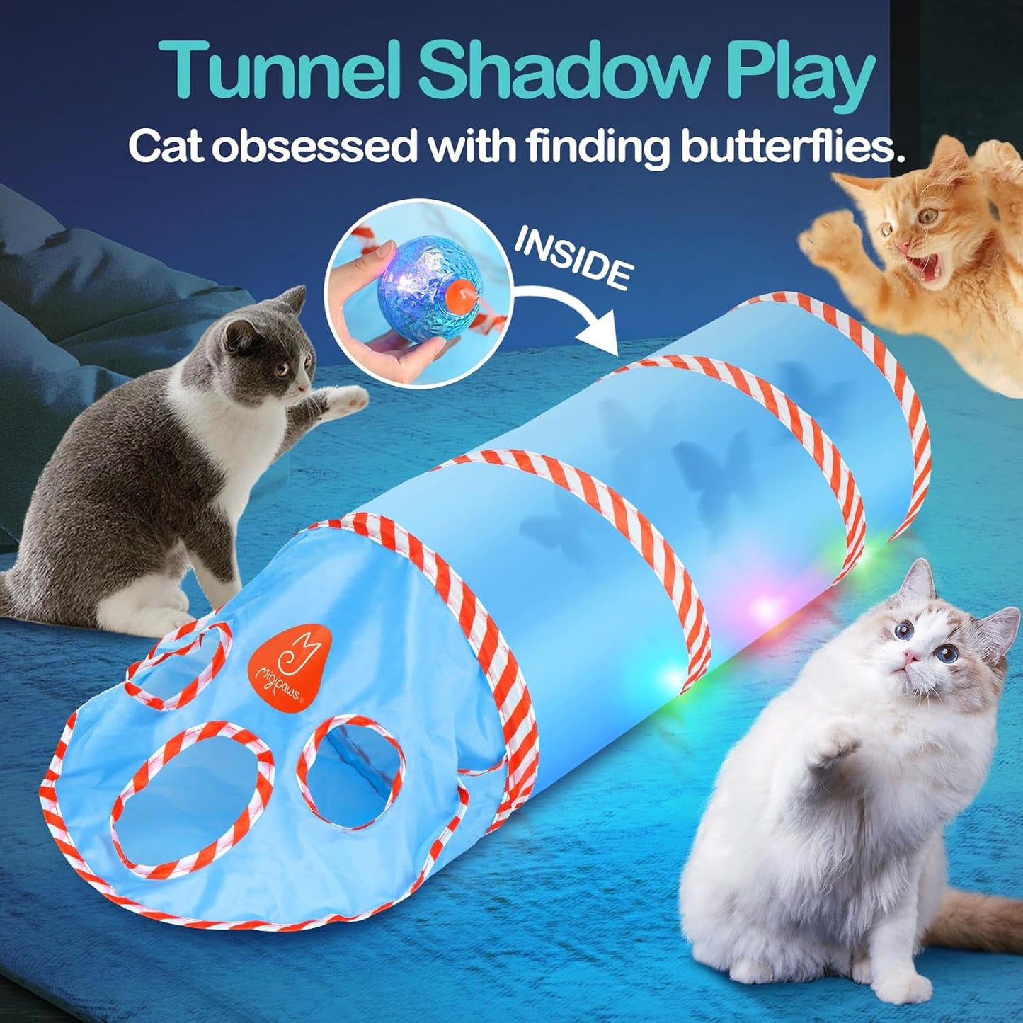 Migipaws Cat Toys, Interactive Cat Toy for Indoor Cats,Upgraded Moving Shadow of Butterfly Feather Project on Cat Tunnel, Cardboard Box Toys, Rechargeable 2.0