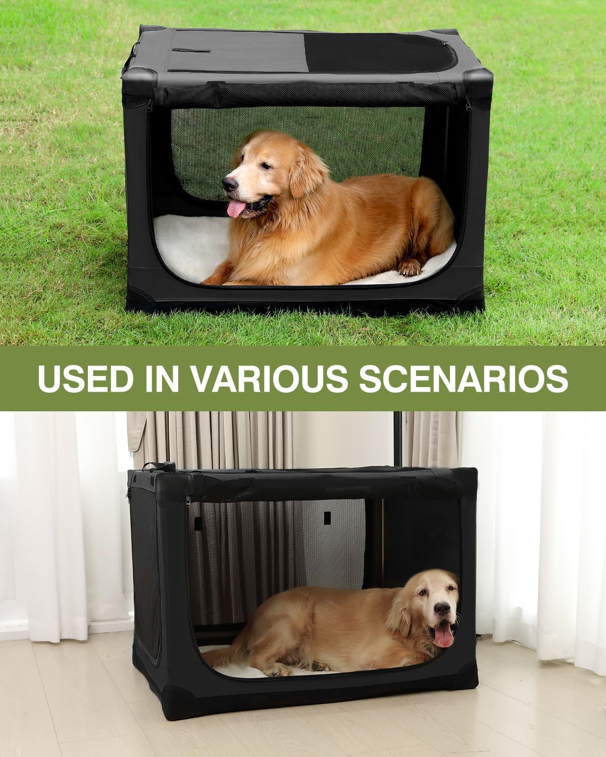 30-Inch Collapsible Travel Dog Crate, Portable 4-Door Soft Kennel for Medium to Large Dogs, Durable Mesh Windows, Indoor/Outdoor Use, Foldable, with Storage Bag (Black)