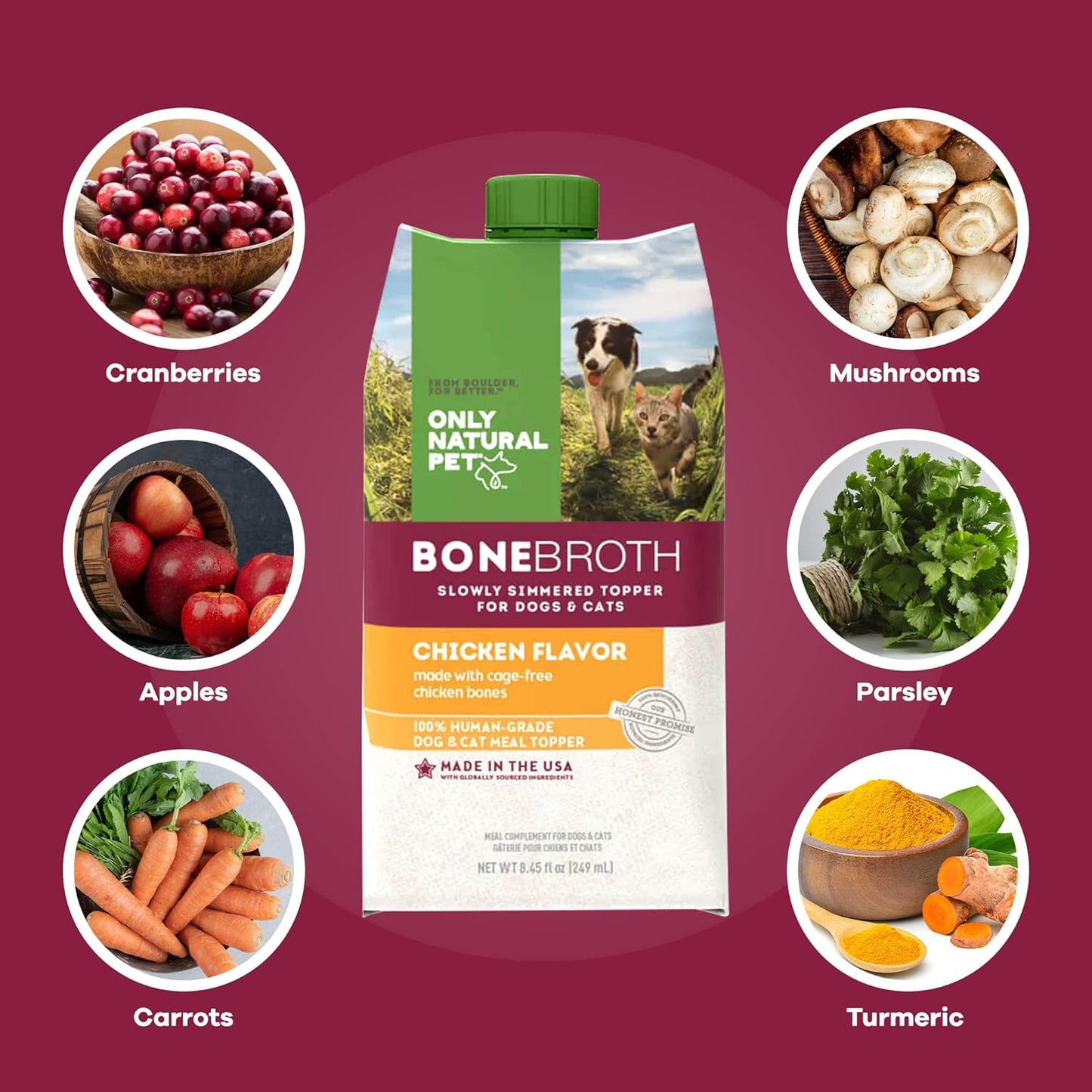 Only Natural Pet Bone Broth Chicken Flavor Dog & Cat Meal Topper, 100% Human-Grade Slow-Simmered, Free-Range for Dry Food or to Hydrate Dehydrated Food - (2-Pack / 11.16 oz Each)