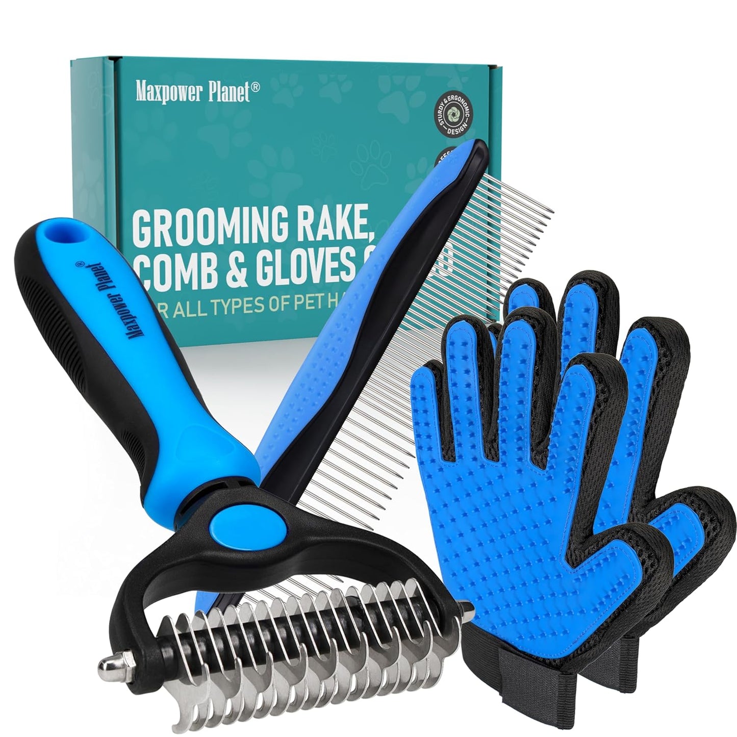 Maxpower Planet Pet Grooming Brush - Double Sided Shedding and Dematting Undercoat Rake Comb for Dogs and Cats,Extra Wide (B1 - Rake, Gloves & Comb, Large)