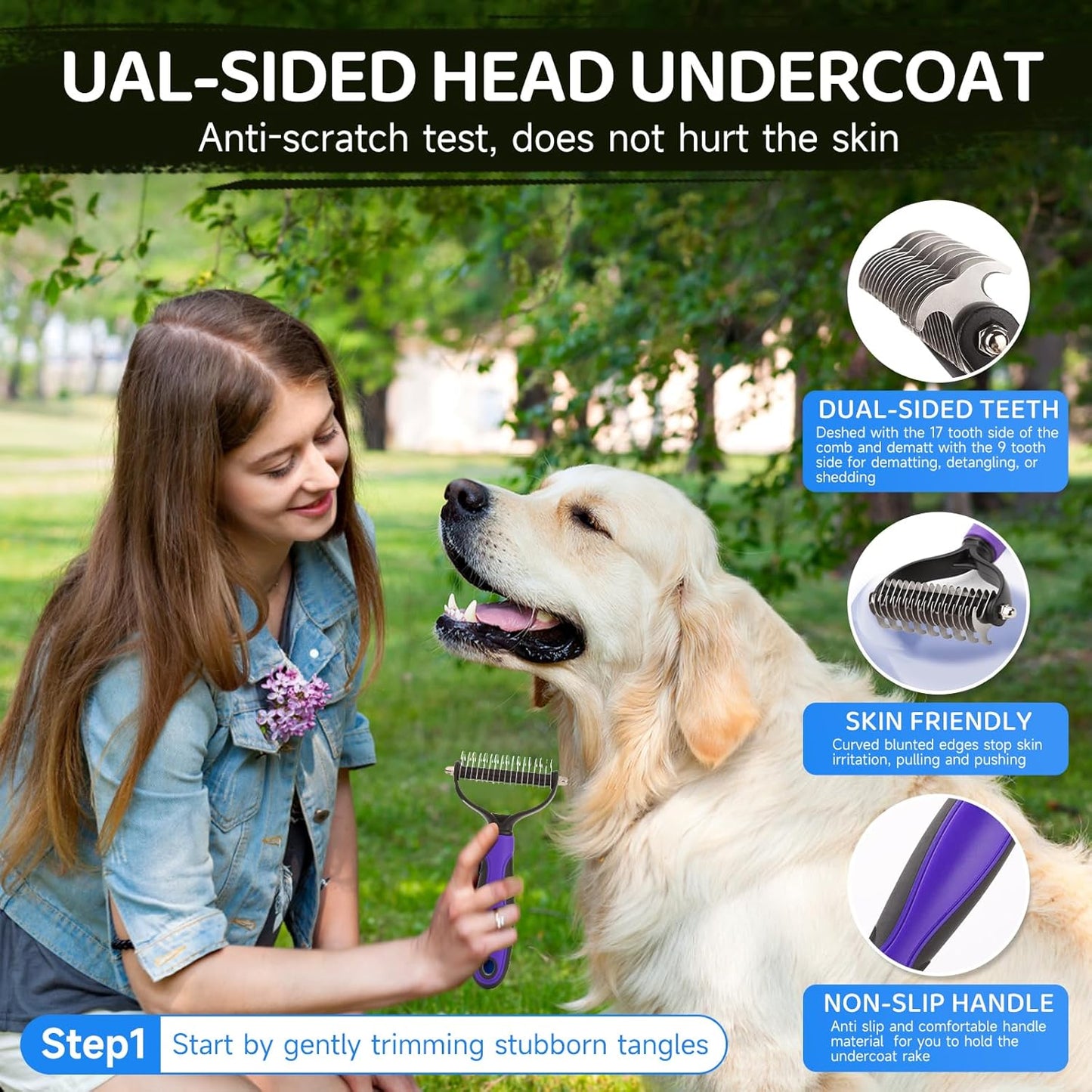 Dog Brush Kit – 3 PCS Grooming Set with Self-Cleaning Brush, Undercoat Rake & Pet Bath Brush. Great for Shedding, Tangles & Dirt Removal – Ideal for Long & Short Haired Dogs & Cats, Blue