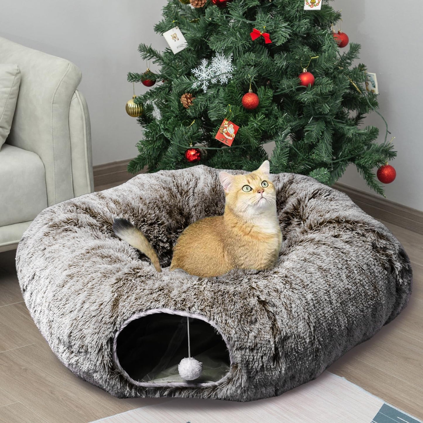 AUOON Cat Tunnel Bed - Cat Donut Tunnel with Soft Plush Circle Cushion for Indoor Cats Kitten Kitty Puppy Rabbit Ferret (Brown)