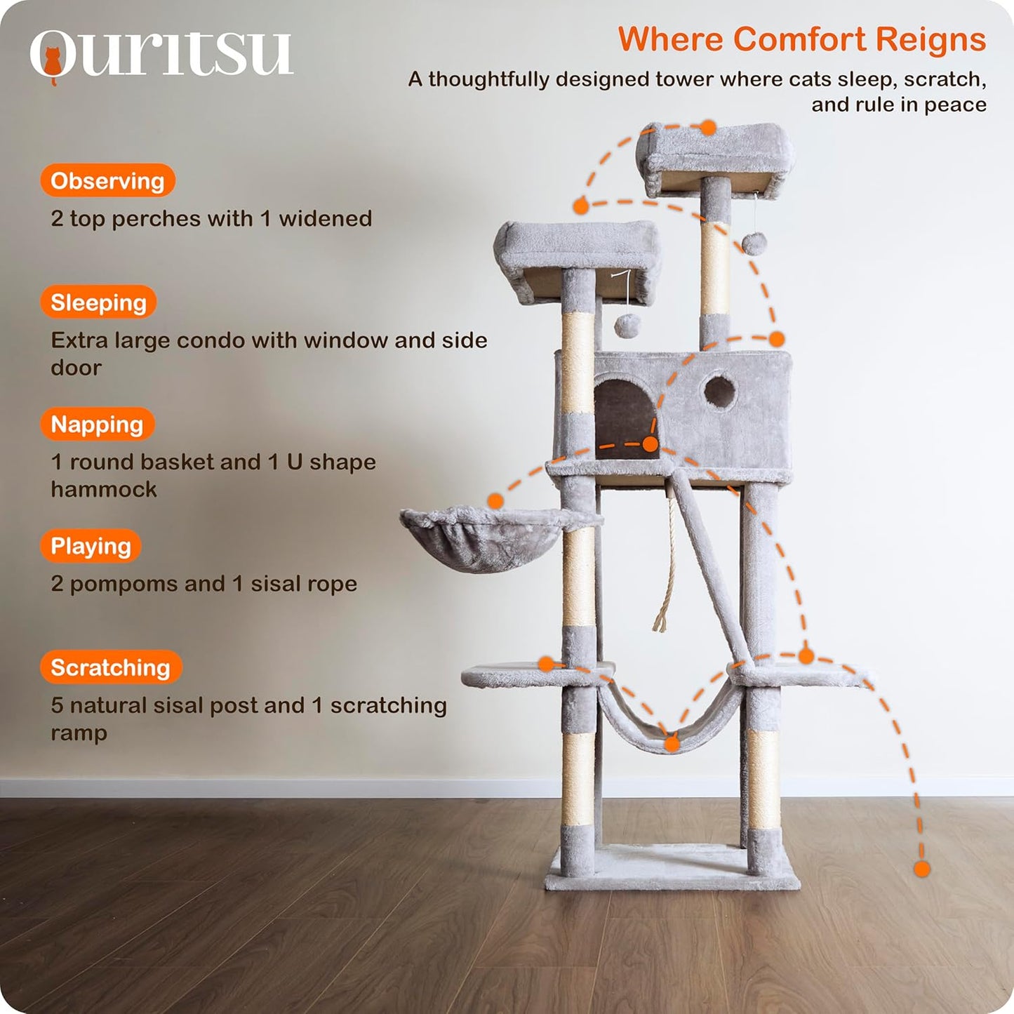 Ouritsu Cat Tree, 61 inch Tall Cat Tower for Large Cat Indoor, Enlarged Condo, 2 Padded Perches with 1 Widened, Large Hammock, Scratching Post and ramp, Fluffy Basket, Light Gray, LF002GA