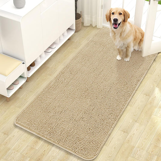 OLANLY Dog Door Mat for Muddy Paws 47x24, Absorbs Moisture and Dirt, Absorbent Non-Slip Washable Doormat, Quick Dry Chenille Mud Mat for Dogs, Entry Indoor Entryway Carpet for Inside Floor, Beige