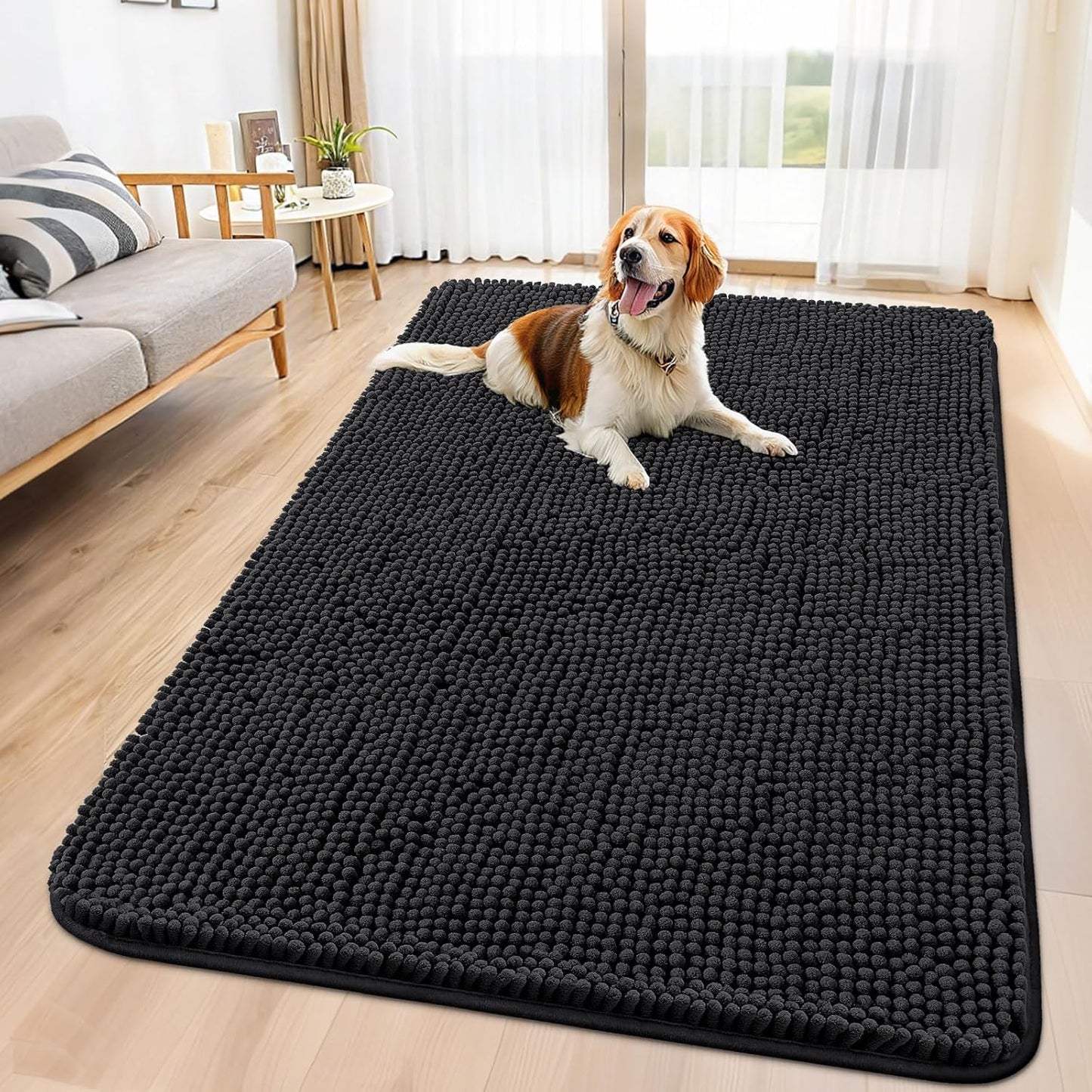 Smiry Dog Door Mat for Muddy Paws 59x35, Absorbs Moisture and Dirt Doormat, Non-Slip Washable Quick Dry Chenille Front Door Mat Indoor Entrance, Entryway Carpet for Inside Floor, Black