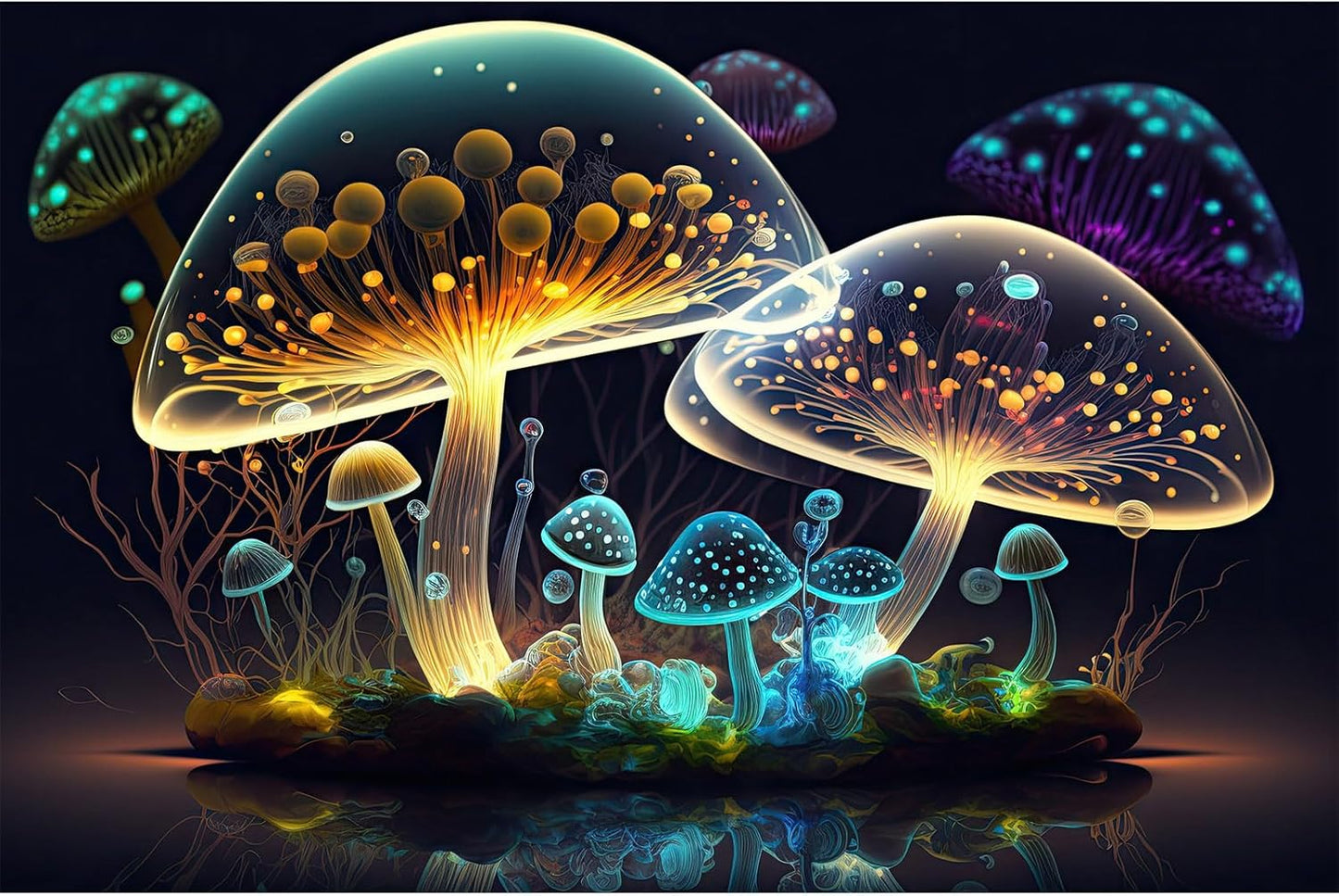 Mushroom Aquarium Background Abstract Glowing Fantasy Mushrooms Terrarium Background Mysterious Forest Magical Night In Circle Shape Crystal Glass Fish Tank Backdrop Decorations Vinyl 48x18in