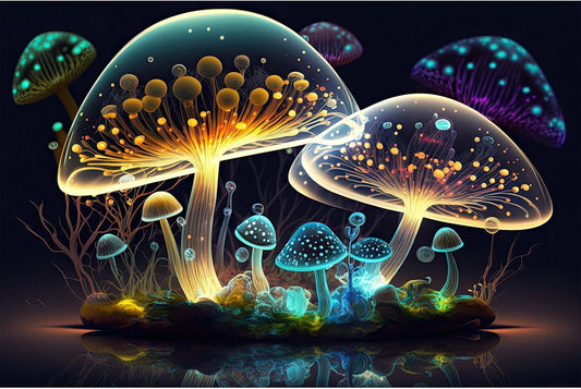 Mushroom Aquarium Background Abstract Glowing Fantasy Mushrooms Terrarium Background Mysterious Forest Magical Night In Circle Shape Crystal Glass Fish Tank Backdrop Decorations Vinyl 48x20in