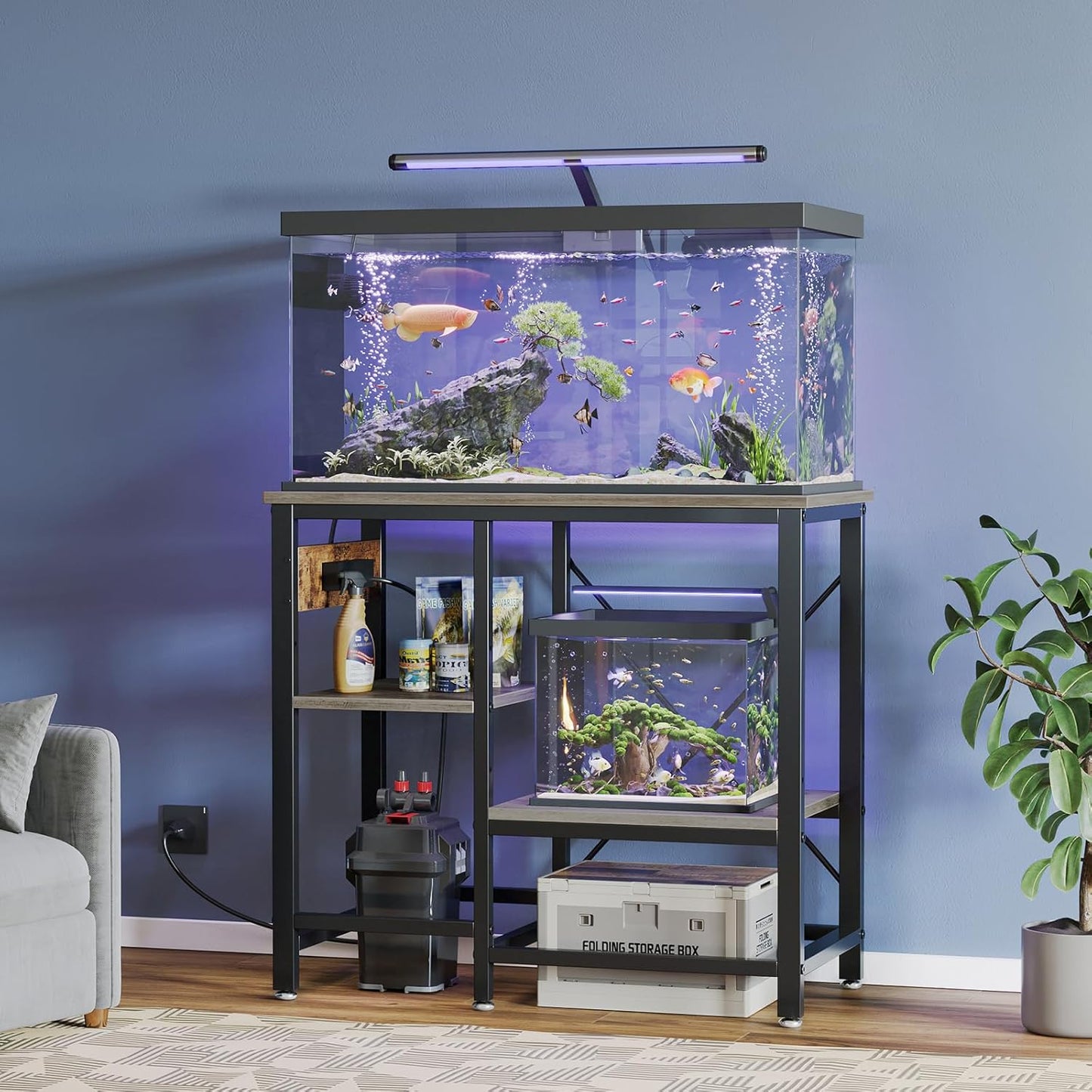 20-29 Gallon Fish Tank Stand with Power Outlets, 30.7 x 13.8 Metal Aquarium Stand with 3-Tiers Adjustable Storage Shelves, 6-Legs Reptile Terrarium Stand, 400 LBs