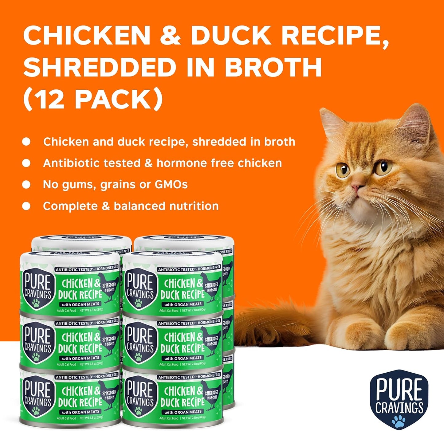 Chicken and Duck Recipe in Broth, Shredded Wet Cat Food, Grain-Free Protein, Non-GMO, 12 Pack