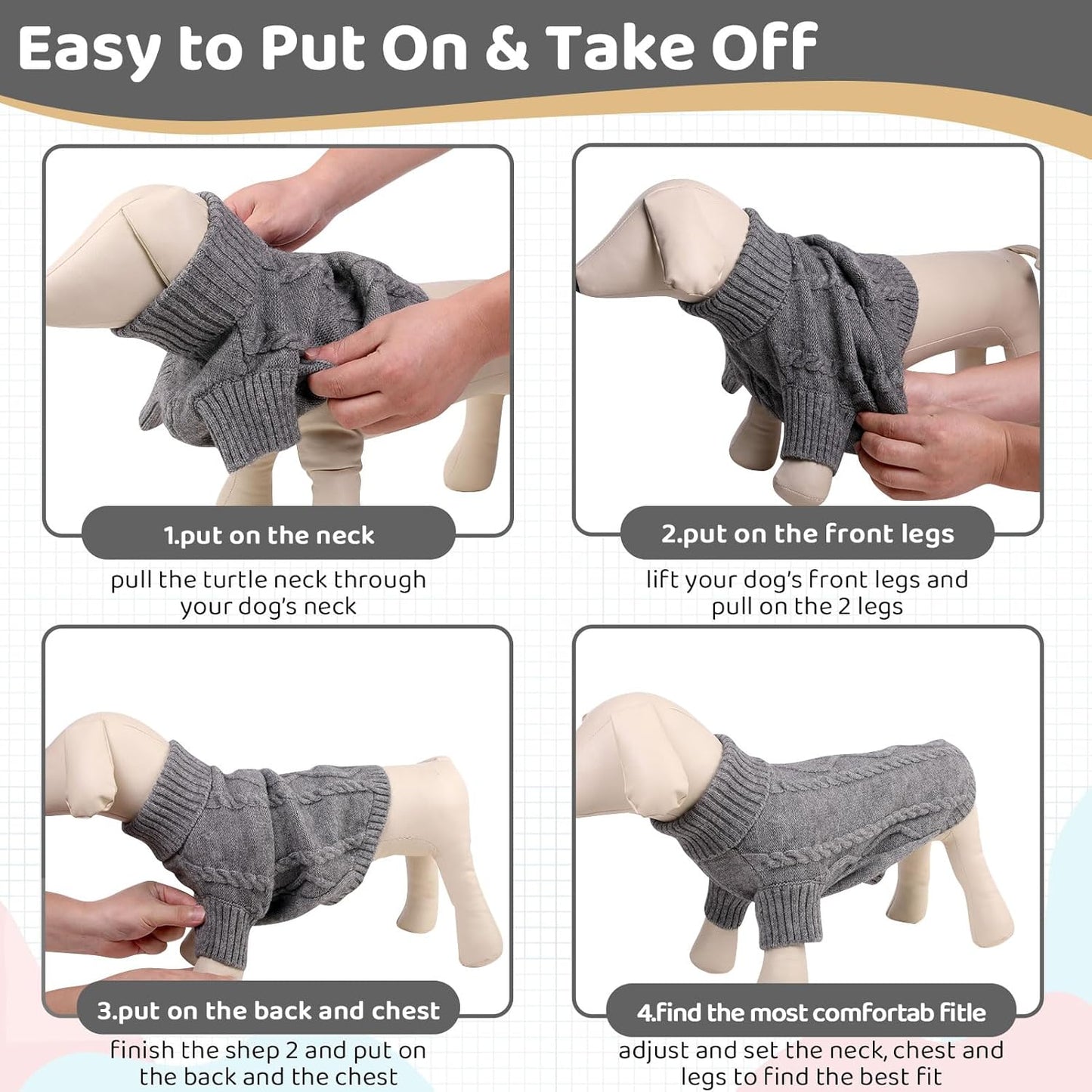 Queenmore Small Dog Pullover Sweater, Cold Weather Cable Knitwear, Classic Turtleneck Thick Warm Clothes for Chihuahua, Bulldog, Dachshund, Pug (Slate Grey, Small)