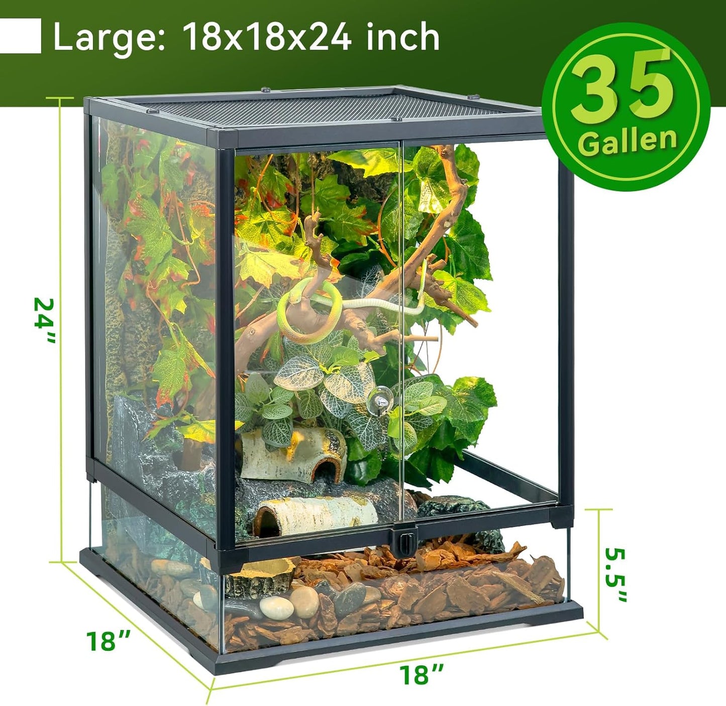 Glass Reptile Tank Front Opening Terrarium Suitable for Leopard Geckos, Snakes, Tree Frogs, Chameleons,Watertight Base, Ventilated Metal Mesh Top, Pre-Drilled Cable Holes 23.9x18x18''