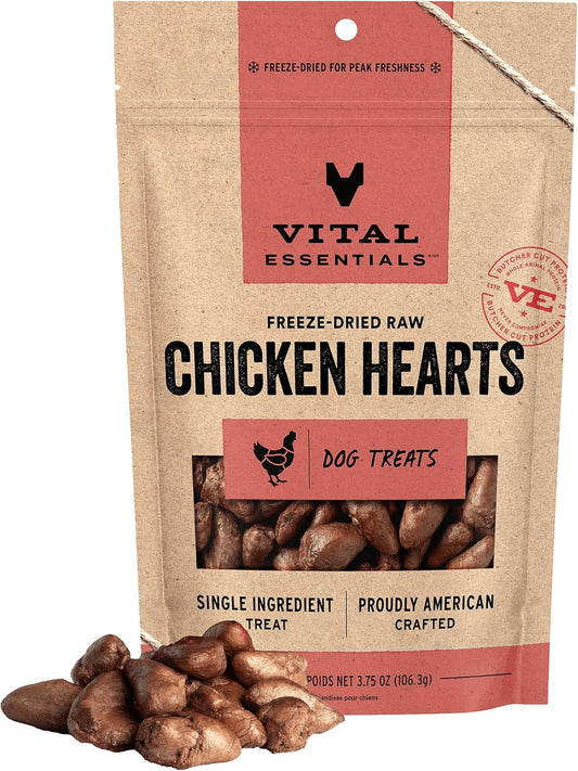 Vital Essentials Chicken Hearts Dog Treats, 3.75 oz | Freeze-Dried Raw | Single Ingredient | Premium Quality High Protein Training Treats | Grain Free, Gluten Free, Filler Free