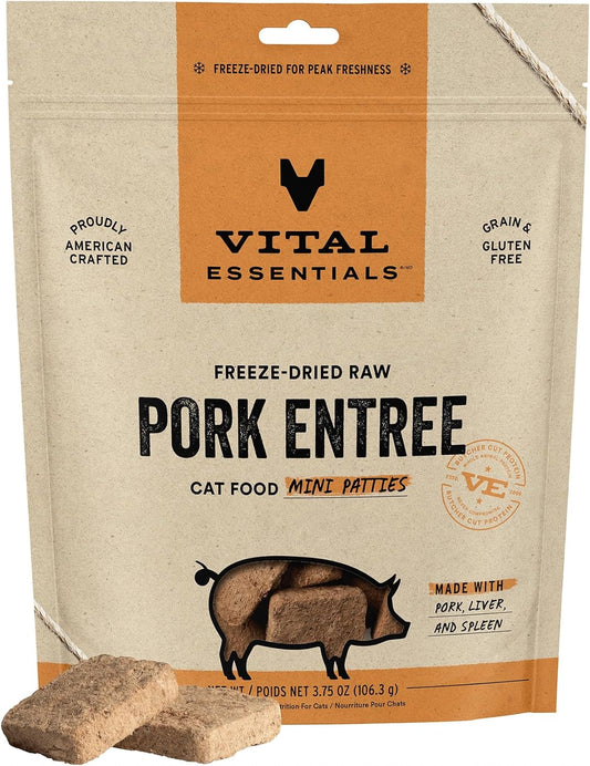 Vital Essentials Freeze Dried Raw Cat Food, Pork Mini Patties Entree, 3.75 oz