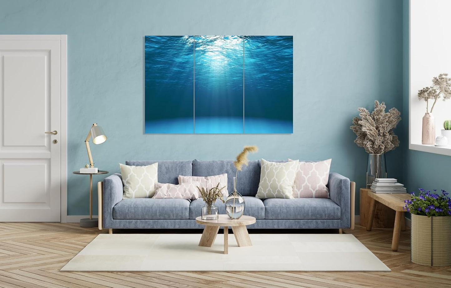 Nature Wall Art Prints - Ocean Forest Mountain Lake Canvas Landscapes - Small to Extra Large Living Room Bedroom Kitchen Bathroom Décor (Sun Rays Under Water, 47L" x 71W" - 3 panels)