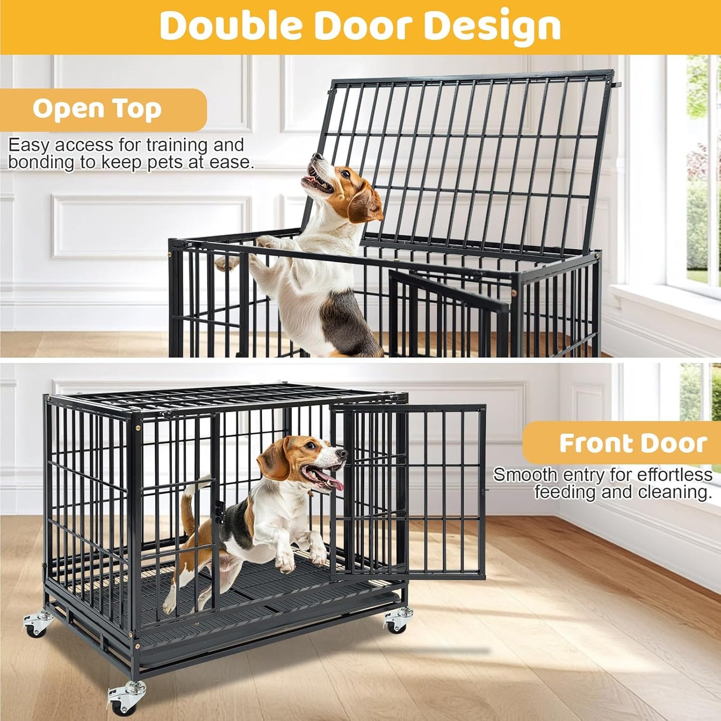 Stackable 36 Inch Dog Crate, Heavy Duty Indestructible Cage Escape Proof Collapsible Kennel with Open Top, Lockable Wheels, Removable Tray & Metal Grid for High Anxiety Medium/Small Dogs